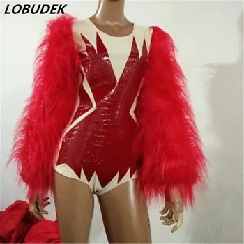 Sexy red Fur sparkly sequins bodysuit Nightclub Prom jazz female singer dancer costumes Bar DJ DS stage performance dance outfit