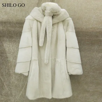 SHILO EITI Kailiai, Kailio Moteriški Žiemos Mados visos nekilnojamojo Audinės Kailio ilgio kailio kailiniai reguliuojamu gobtuvu ilgomis rankovėmis laisvas sijonas, smėlio spalvos kailio