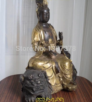 Shitou 00662 Tibeto Budistų bronzos MANJUSHRI budos statula važinėti liūtas 28 cm