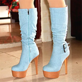 SHOFOO batai, elegantiškas ir stilingas, nemokamas pristatymas, šviesiai mėlyna džinsinio audinio, sulenkite apdaila, 14.5 cm aukšto kulno batai, kelio aukštas bo