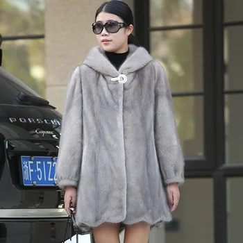 Skristi kiaunė paltas moterų vidutinio ilgai su gaubtu, sidabro nekilnojamojo audinės kailiai, oda, kailis 2017