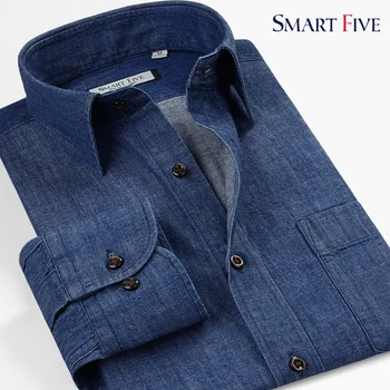 Smart penkių Markės Aukštos Kokybės Vyrų Marškinėliai Slim Smart Casual Verslo Medvilnės ilgomis Rankovėmis Džinsinio Marškinėliai Vyrams Plius Dydis 5XL 6XL