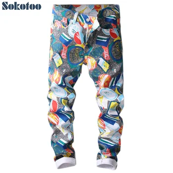 Sokotoo vyriški spalvoti modelio 3D atspausdintas džinsai Mados plonas liesas geometrinės tapybos džinsinio audinio kelnės