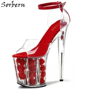 Sorbern Raudona Platformos-Batai-Moterų Sandalai Aišku, Kulniukai Skaidraus Plastiko Atidaryti Tne Kulkšnies Dirželiai, Kuriems Kulniukai, Dydis 11 Moterų Batų