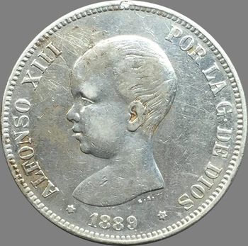Spain 1889 STAR 89 MPM ALFONSO XIII 5 PESETAS Old Silver Coins 27 fleurs-de-lis