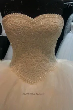 Spalvingas Prabangių Vestuvių Suknelės 2016 Vestidos de Noivas Nėrinių Nuotakos Suknelė Kamuolys Suknelė Tiulio Korsetas Atgal Perlai Užsakymą