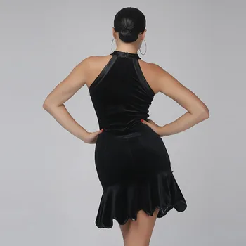 Spausdinti juodo aksomo seksualus lotynų šokių suknelė šokio kostiumai salsa suknelė latina šokių drabužiai moterims, lotynų suknelė pakraštys