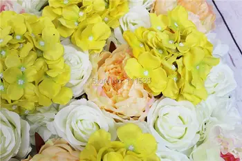 SPR Geltona balta serija Dirbtinių rožių gėlių sienos arka vestuvių dekoracijos fone stalo puošmena, gėlių kamuolys