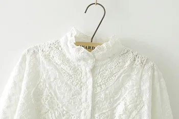 Stendas-Apykakle ilgomis rankovėmis Gėlių Siuvinėjimo Nėrinių Balti Marškiniai Naują Rudenį Mori Mergina Medvilnės Moterų Ilgų Palaidų Palaidinė Viršūnes T77911