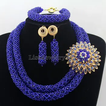 Stilingas Royal Blue Nigerijos Vestuvių Afrikos Karoliukai Papuošalų Rinkinys Rankų darbo Indijos Dubajus Vestuvių Karoliai Rinkinius Nemokamas Pristatymas HD7355