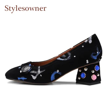 Stylesowner verstos odos spausdinti moterų siurbliai mados deimantų metalo duobute šalies batų etninės stiliaus seklių vienu batai mujer