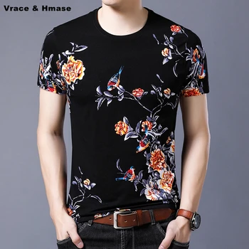 Subtili gėlių ir paukščių modelio spausdinimo mados slim trumpas rankovės marškinėliai Vasaros 2018 Naujas minkštas kvėpuojantis kokybės marškinėliai vyrams