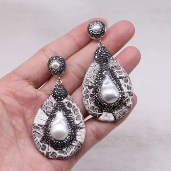 Sumaišykite spalvos odos natūralių perlų auskarai nutiesti kalnų krištolas panašių snakeskin su perlų auskarai dovana lady 3360