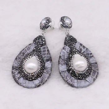 Sumaišykite spalvos odos natūralių perlų auskarai nutiesti kalnų krištolas panašių snakeskin su perlų auskarai dovana lady 3360