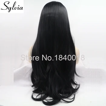 Sylvia 1b juoda gamtos banga sintetinių nėriniai priekiniai perukai juoda glueless ilgai karščiui atsparus pluoštas plaukų juoda moteris nemokama laivas