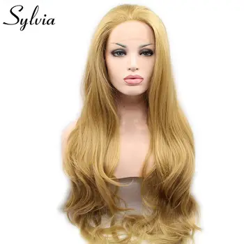 Sylvia ilgai natūralių bangų šviesūs, karščiui atsparus pluoštas, plaukai sintetiniai nėriniai priekiniai perukai moterims, nemokamas dalis minkšta nėrinių glueless perukas