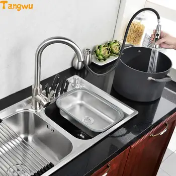 Tangwu virtuvės 304 nerūdijančio neatsiejama formavimo viela, piešimo plauti indų baseino dvipusė plokštelė nusiminusi virtuvės kriauklė