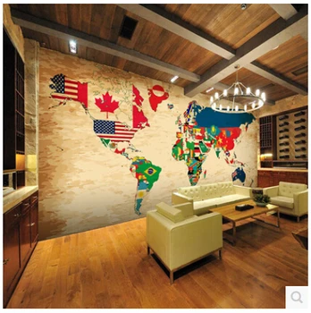 Tapetai Pasaulio žemėlapyje šalių vėliavas didelis freskomis TV kambarį 3D tapetai, fone, 3d tapetai kavinė konferencijų salė