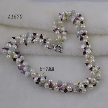 Terisa Pearljewellery Balta Originali Gėlavandenių Perlų Vėrinį AA 6-7MM Baroko Perlas Spalvotų Akmens Karoliukai Papuošalų