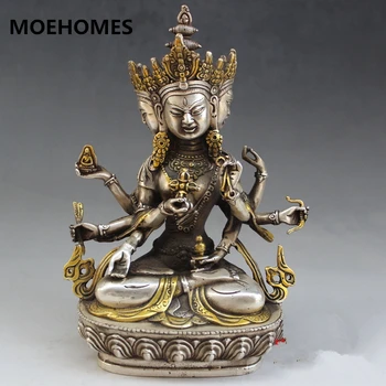 Tibeto budizmas fane sidabro ir 3 veido 8 rankos Kwan-Yin Bodhisatvos budos statula namų puošybai metalo rankdarbiai