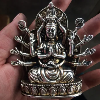 Tibeto Budizmas miao Sidabro 1000 rankos Kwan-Yin Guan Yin Bodhisatvos fengshui budos statula apdaila metalo rankdarbiai