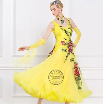 Tinkinti elegantiškas Geltonas sluoksniuotos Fox risčia Valsas tango salsa konkurencijos pramoginių šokių suknelė su Gėlių
