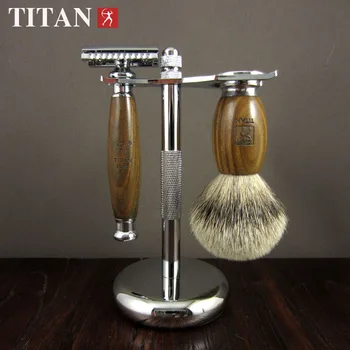 Titan klasikinis barzdaskutė dvigubą pranašumą skutimo barzdaskutė nustatyti, sandalo medžio rankena nerūdijančio skustuvas