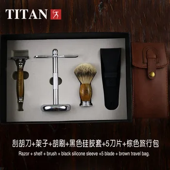 Titan klasikinis barzdaskutė dvigubą pranašumą skutimo barzdaskutė nustatyti, sandalo medžio rankena nerūdijančio skustuvas