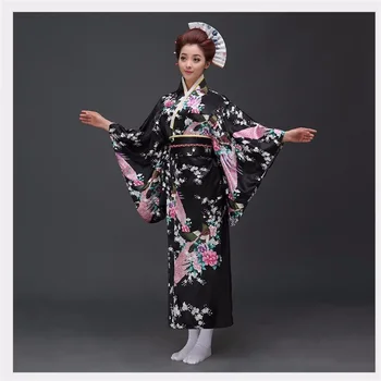 Tradicinis Moterų Sexy Satin Kimono Yukata Su Obi Naudingumo Šokių Suknelė Japonijos Cosplay Kostiumas Gėlių Vienas Dydis