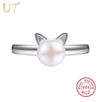 U7 925 Sterlingas Sidabro Žiedai Moterims Merginos Kalėdų Dovana Natūralios Baltos spalvos Gėlavandenių Perlų Papuošalai Cute Kačių Žiedas Reguliuojamas SC06