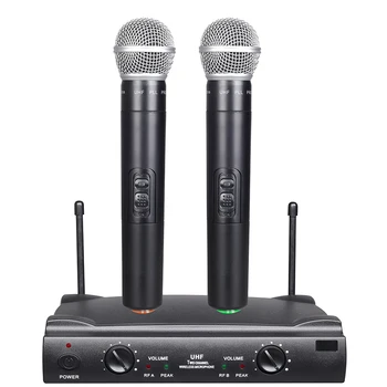 UHF Dual Kanalų Belaidis Mikrofonas Mikrofono Sistema su 1 Imtuvas 2 Nešiojamą Mikrofonai 6.35 mm Audio Kabelis MUMS Maitinimo Adapteris