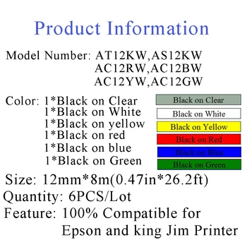 UNISTAR 6Pack Combo Etiketės 12mm Kasetės Papildymas Suderinama Epson LabelWorks LC-4WBN9 už LW-300 LW-400 LW-500 LW-600P LW-700
