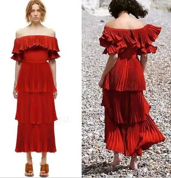 Urumbassa moterų raudona off peties suknelė iki 2018 m. vasaros takų raukiniai velniop kaklo sluoksnių suknelė Mados ponios šalis suknelė