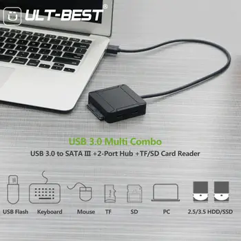 USB 3.0 prie SATA III Kietojo Disko Adapteris Kabelio Paramos UASP už 2.5 3.5 colių SSD HDD su 2-Port USB 3.0 ir SD/TF Kortelių Skaitytuvas