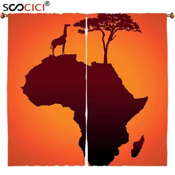 Užuolaidos Gydymo 2 Plokštės,Afrikos Dekoro Safari Žemėlapis, kuriame Žemyne Žirafa ir Medžio Siluetas Savannah Wild Dizainas