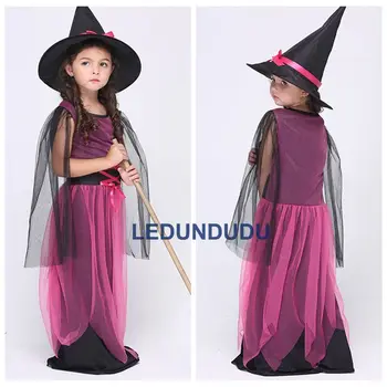Vaikai Helovinas Fancy Šalies Kostiumas Mergaitėms Magija Ragana Dress Vaikai Rose Ragana Cosplay Kostiumas su Skrybėlę
