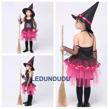 Vaikai Helovinas Fancy Šalies Kostiumas Mergaitėms Magija Ragana Dress Vaikai Rose Ragana Cosplay Kostiumas su Skrybėlę