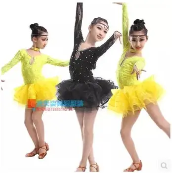 Vaiko lotynų šokių kostiumas seksualus nėriniai ilgomis rankovėmis vaikams lotynų šokių konkurencijos suknelės S-XXXL 2kinds spalvų