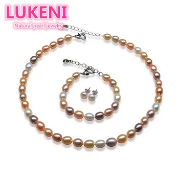 Vaivorykštės spalvų Mados perlų papuošalų rinkinys moterims, 7-8mm aukštos kokybės natūralių perlų vėrinį & apyrankę &Auskarai Nemokamas pristatymas