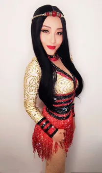 Vakarai Baras seksuali Moteris DJ, dainininkas etape kostiumai Baras Šalis šventė show dance, komplektai, raudona Kutai Šviesus Kristalai bodysuit