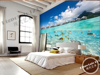 Vartotojo 3D freskomis,mėlynas dangus ir balti debesys iki jūros, spalvinga žuvis kraštovaizdžio ,gyvenamasis kambarys su sofa-lova, TV wall miegamojo sienos popieriaus