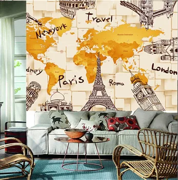 Vartotojo 3D freskomis,Retro žemėlapį ir garsių miesto papel de parede ,gyvenamasis kambarys su sofa-lova, TV wall miegamojo sienos popieriaus