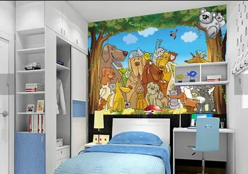 Vartotojo 3D piešiniai, Vektorinis animacinių filmų gyvūnų medžio vaikų kambarys papel de parede, gyvenamasis kambarys su sofa-lova, TV wall puikus tapetai