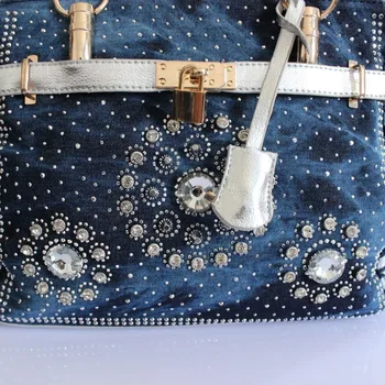 Vasaros 2017 Mados moterų rankinės didelės oksfordo pečių krepšiai kratinys jean stiliaus ir kristalų apdaila mėlynos spalvos krepšys
