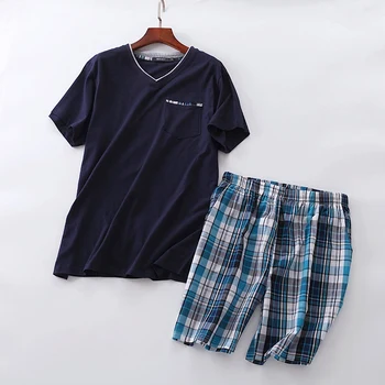 Vasaros išpardavimas medvilnės V-kaklo šortai vyrams homewear trumpas rankovės sleepwear pajama komplektai vyrų pijamas hombre pižamos mens
