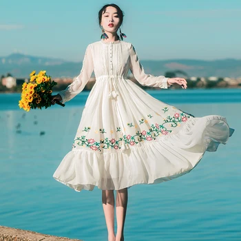 Vasaros Suknelė 2018 Moterų Atsitiktinis Paplūdimio Šifono Balta Nėrinių Suknelė Vintage Gėlių Siuvinėjimų Suknelės, Šaliai, Vestidos