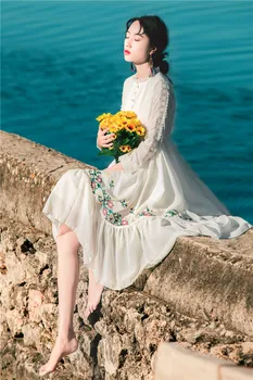 Vasaros Suknelė 2018 Moterų Atsitiktinis Paplūdimio Šifono Balta Nėrinių Suknelė Vintage Gėlių Siuvinėjimų Suknelės, Šaliai, Vestidos