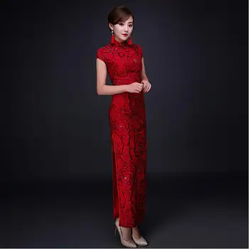 Vasarą naujasis Kinijos Tradicinės Suknelė Raudona Cheongsam Nuotaka Vestuvių Qipao Šalis Suknelė Moterims Ilgas Plonas rose modelis Cheongsam