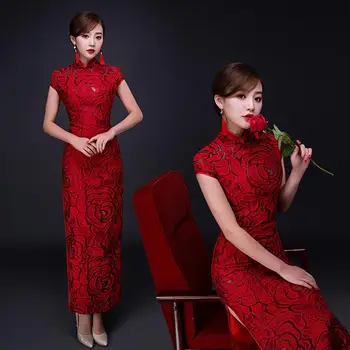 Vasarą naujasis Kinijos Tradicinės Suknelė Raudona Cheongsam Nuotaka Vestuvių Qipao Šalis Suknelė Moterims Ilgas Plonas rose modelis Cheongsam