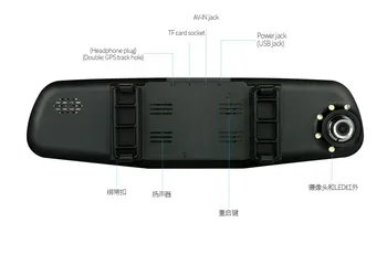 Veidrodinės kameros DVR vaizdo įrašymo stebėti, automobilių stovėjimo aikštelė 4.3 DVR su LED ir plataus kampo naktinio matymo galinio vaizdo kamera, dual lens dvr detektorius